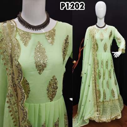 Elegant Straight Georgette Pista Gown Pant Dupatta Set