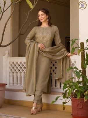 Elegant Tan Colored Soft Rayon Embroidered Kurti Pant And Dupatta Set