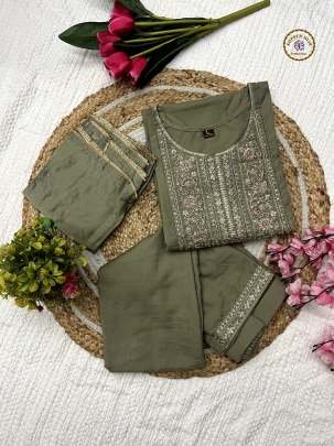 Elegant Tan Colored Soft Rayon Embroidered Kurti Pant And Dupatta Set