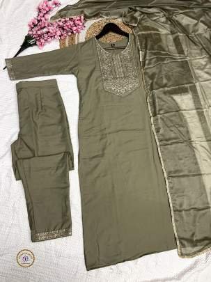 Elegant Tan Colored Soft Rayon Embroidered Kurti Pant And Dupatta Set