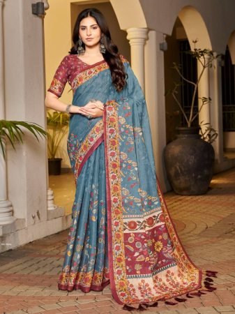 Elegant Teal Blue Handloom Saree with Maroon Floral Border