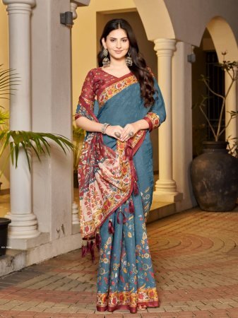 Elegant Teal Blue Handloom Saree with Maroon Floral Border
