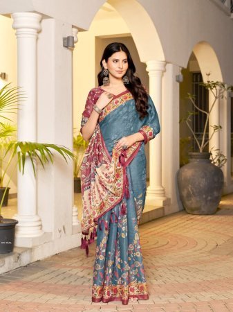 Elegant Teal Blue Handloom Saree with Maroon Floral Border