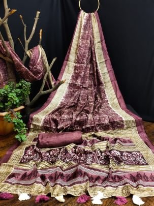 Elegant Tusser cotton silk saree with abstract print and tassels on pallu