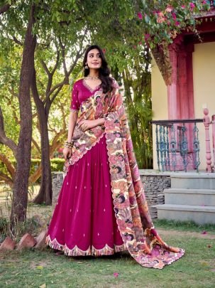 Elegant Vichitra Silk Lehenga with Sequins   Kalamkari Print Border