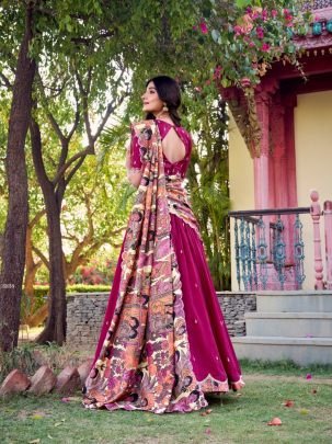 Elegant Vichitra Silk Lehenga with Sequins   Kalamkari Print Border