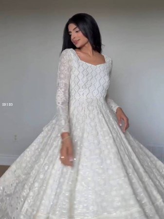 Elegant White Embroidered Gown Suit Set for Festive Wear