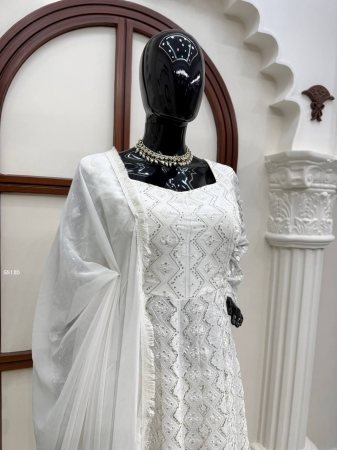 Elegant White Embroidered Gown Suit Set for Festive Wear