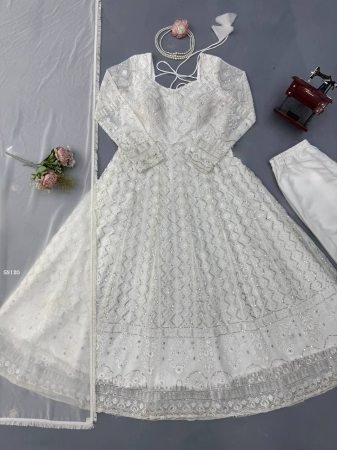 Elegant White Embroidered Gown Suit Set for Festive Wear