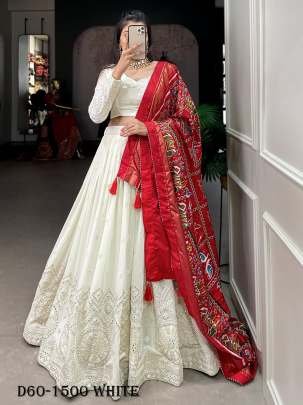 Elegant White Lucknowi Paper Mirror Work Georgette Lehenga Choli with Red Dupatta