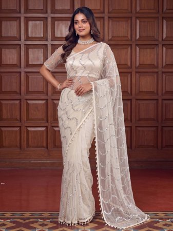Elegant White Net Saree with Sequins Work
