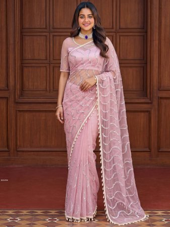 Elegant White Net Saree with Sequins Work