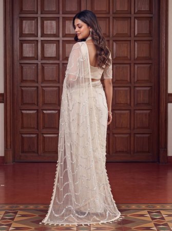 Elegant White Net Saree with Sequins Work