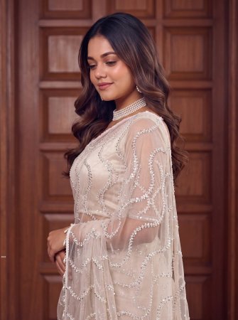 Elegant White Net Saree with Sequins Work