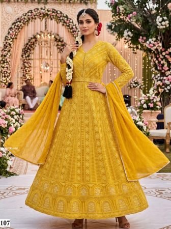 Elegant Yellow Anarkali Dress in Premium Georgette with Heavy Embroidery