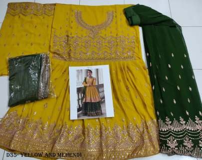 Elegant Yellow and Mehendi Anarkali Suit with Intricate Embroidery