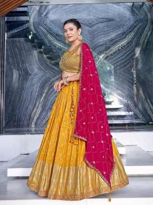 Elegant Yellow Ready Made Lehenga choli With Pink Dupatta