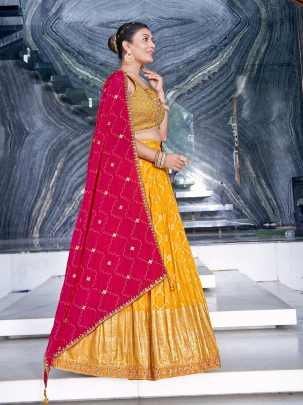 Elegant Yellow Ready Made Lehenga choli With Pink Dupatta