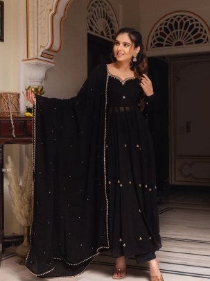 Elegent Black Handwork Georgette Anarkali Suit Set 