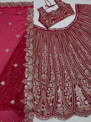 Elegent Bridal Wear Fuax Georgette With Sequence Work Pink Lehenga