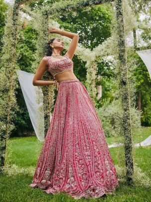 Elegent Bridal Wear Fuax Georgette With Sequence Work Pink Lehenga