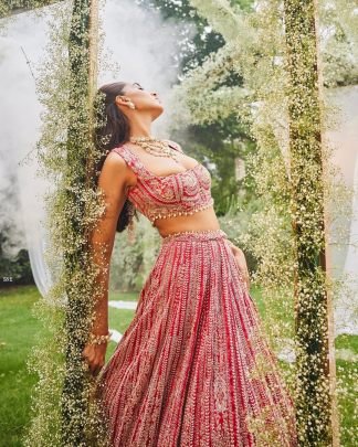 Elegent Bridal Wear Fuax Georgette With Sequence Work Pink Lehenga