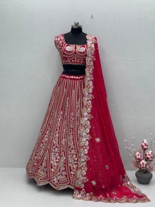 Elegent Bridal Wear Fuax Georgette With Sequence Work Pink Lehenga