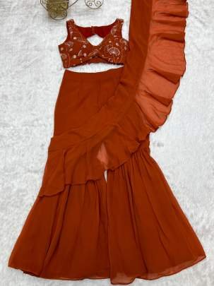 Elegent Fully Sttiched Ready To Wear Sharara Saree In Orange Colour