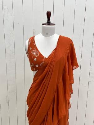 Elegent Fully Sttiched Ready To Wear Sharara Saree In Orange Colour