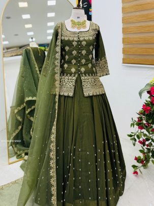 Elegent Mehandi Green Party Wear Lehenga Set 
