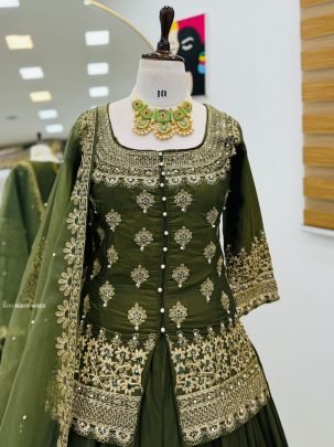 Elegent Mehandi Green Party Wear Lehenga Set