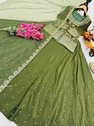 Elegent Mehandi Green Party Wear Lehenga Set