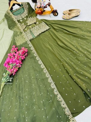 Elegent Mehandi Green Party Wear Lehenga Set