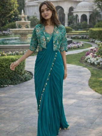 Elegent Rama Ready To Wear Saree  With Designer Jacket