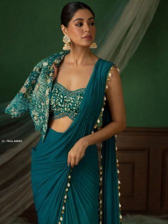 Elegent Rama Ready To Wear Saree  With Designer Jacket