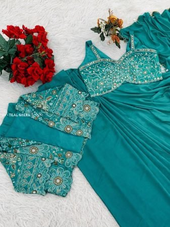 Elegent Rama Ready To Wear Saree  With Designer Jacket