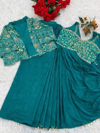Elegent Rama Ready To Wear Saree  With Designer Jacket