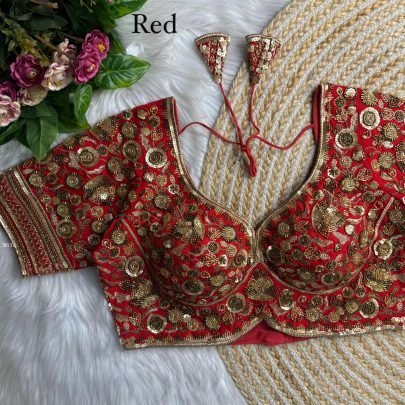 Elegent Red Roman Silk Beads Work Fully Stich Blouse 