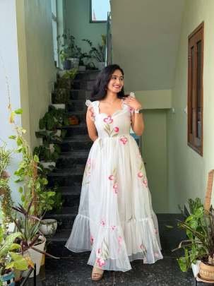 Elegent White Cotton Floral Print One Piece Dress