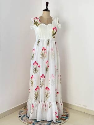 Elegent White Cotton Floral Print One Piece Dress