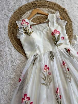 Elegent White Cotton Floral Print One Piece Dress