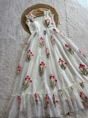 Elegent White Cotton Floral Print One Piece Dress