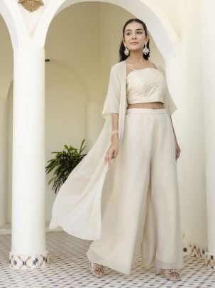 Elegent White Ready To Wear Indowestern Dress With Gotta Patti Work