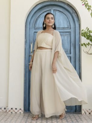 Elegent White Ready To Wear Indowestern Dress With Gotta Patti Work