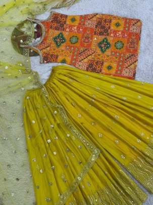 Elegent Yellow Chinon Silk Palazzo Set With Real Mirror Work And Embroidered Dupatta