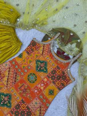 Elegent Yellow Chinon Silk Palazzo Set With Real Mirror Work And Embroidered Dupatta