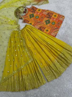 Elegent Yellow Chinon Silk Palazzo Set With Real Mirror Work And Embroidered Dupatta