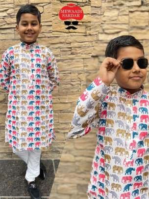 Elephant Printed Cotton Kids Kurta and Pyjama
