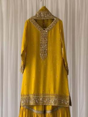 Elusive Musterd Sequence And Embroidered Georgette Sharara Suits