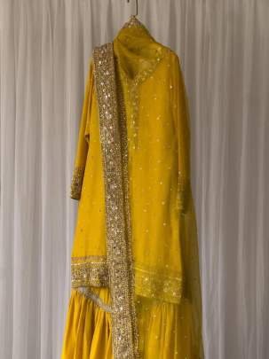 Elusive Musterd Sequence And Embroidered Georgette Sharara Suits